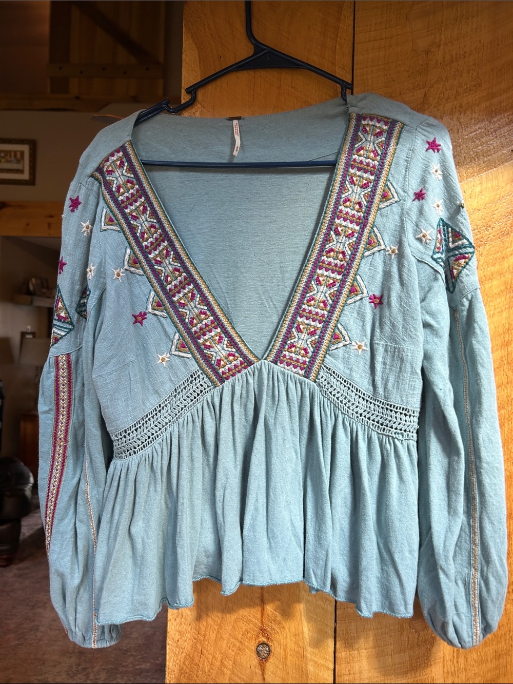 Free People Embroidered V-Neck Peasant Top in Light Blue with Multicolor Accents
